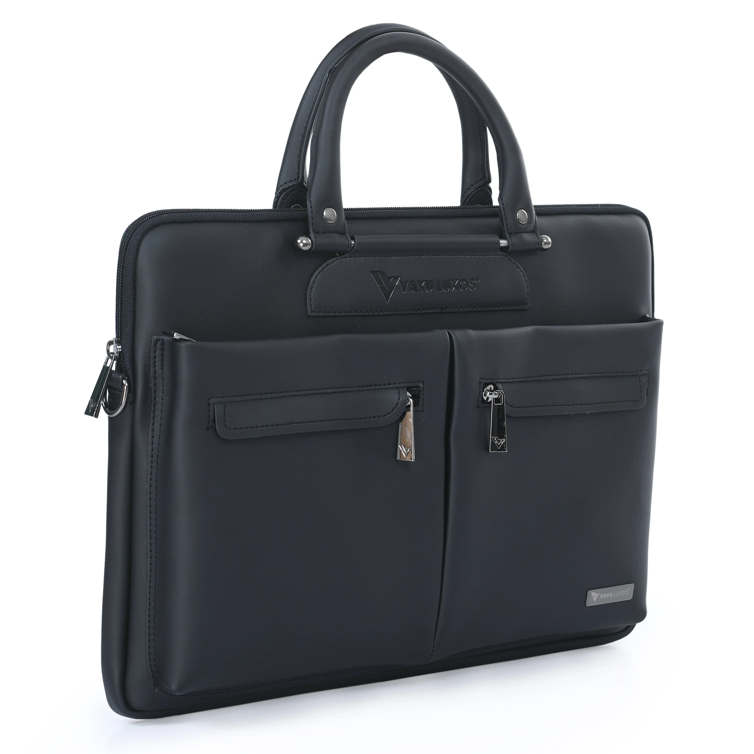 Vaku Luxos® MARCELLA Front Zippered Pockets Sleeve for Macbook 13"-14" with Strap highly durable - Black(8905129026134) - Image 2