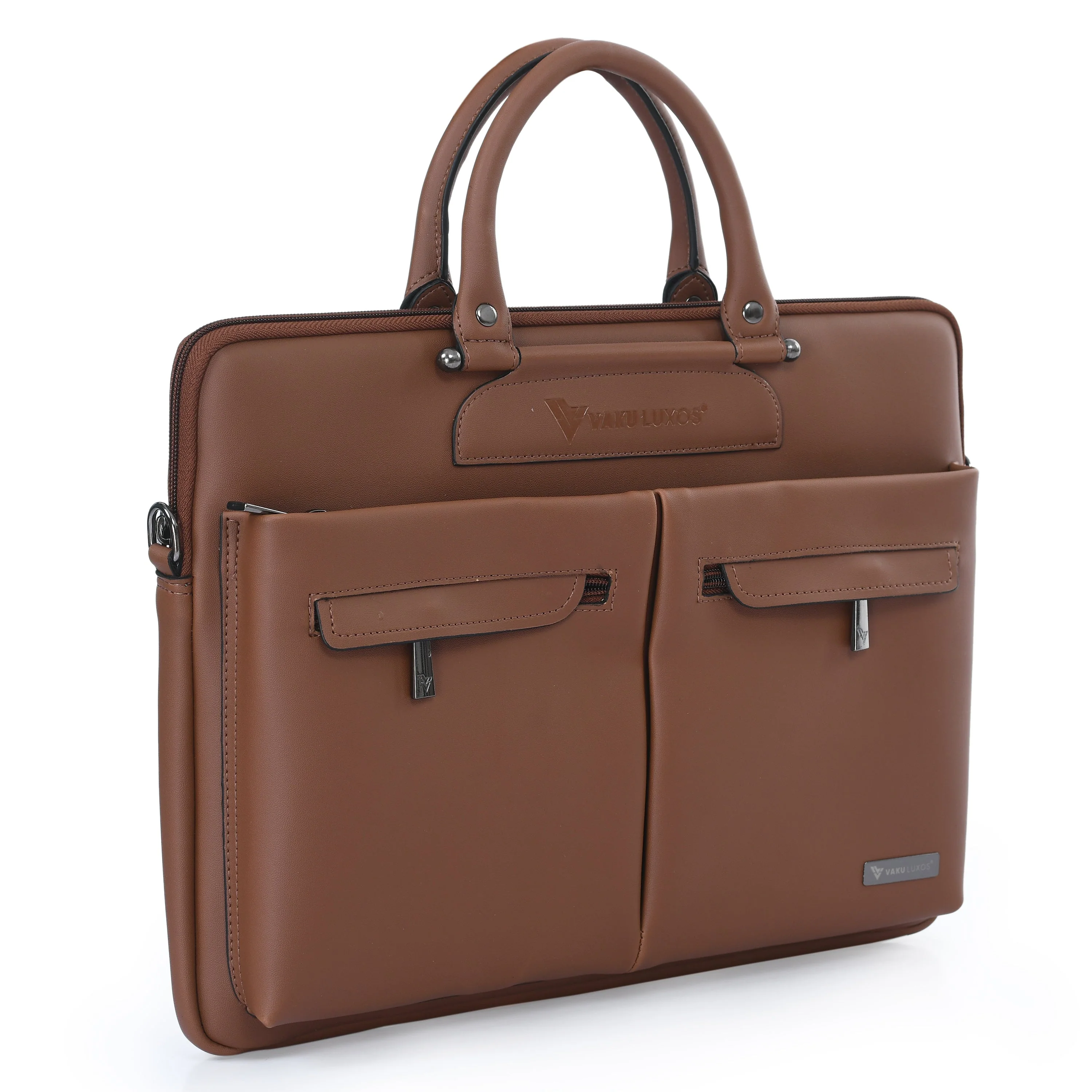 Vaku Luxos® MARCELLA with 2 front Zippered Pockets Sleeve for Macbook 13"-14" with Strap highly durable - Tan Brown(8905129026196) - Image 2
