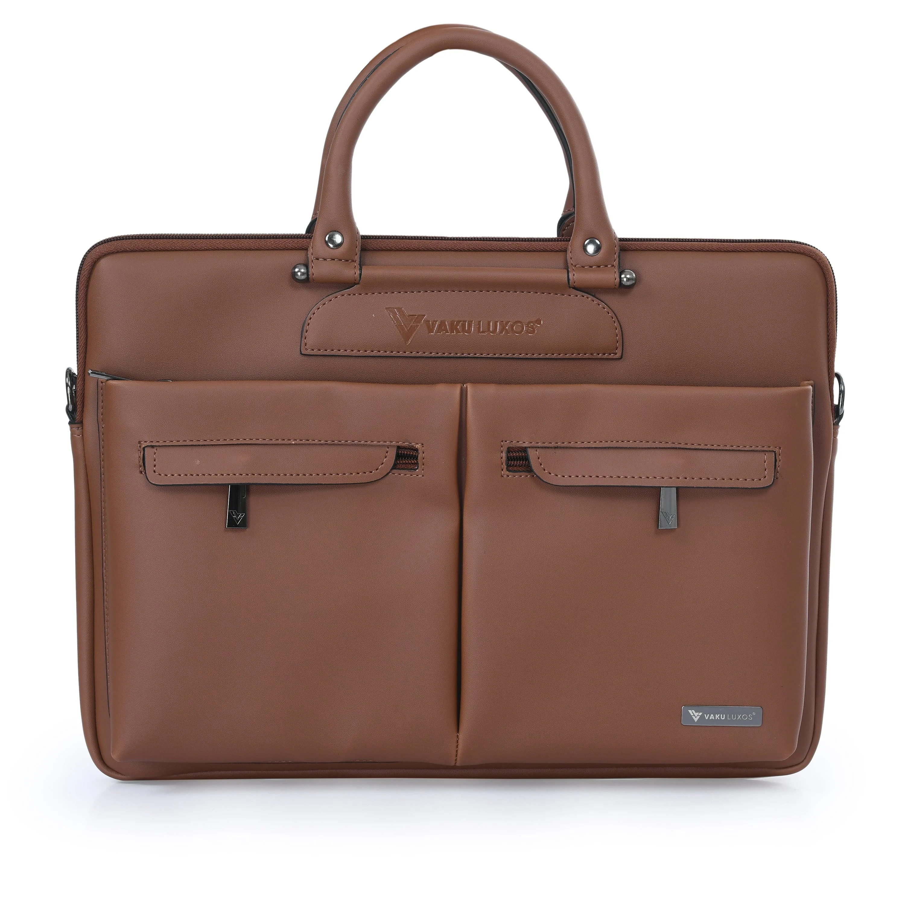 Vaku Luxos® MARCELLA with 2 front Zippered Pockets Sleeve for Macbook 13"-14" with Strap highly durable - Tan Brown(8905129026196) - Image 3