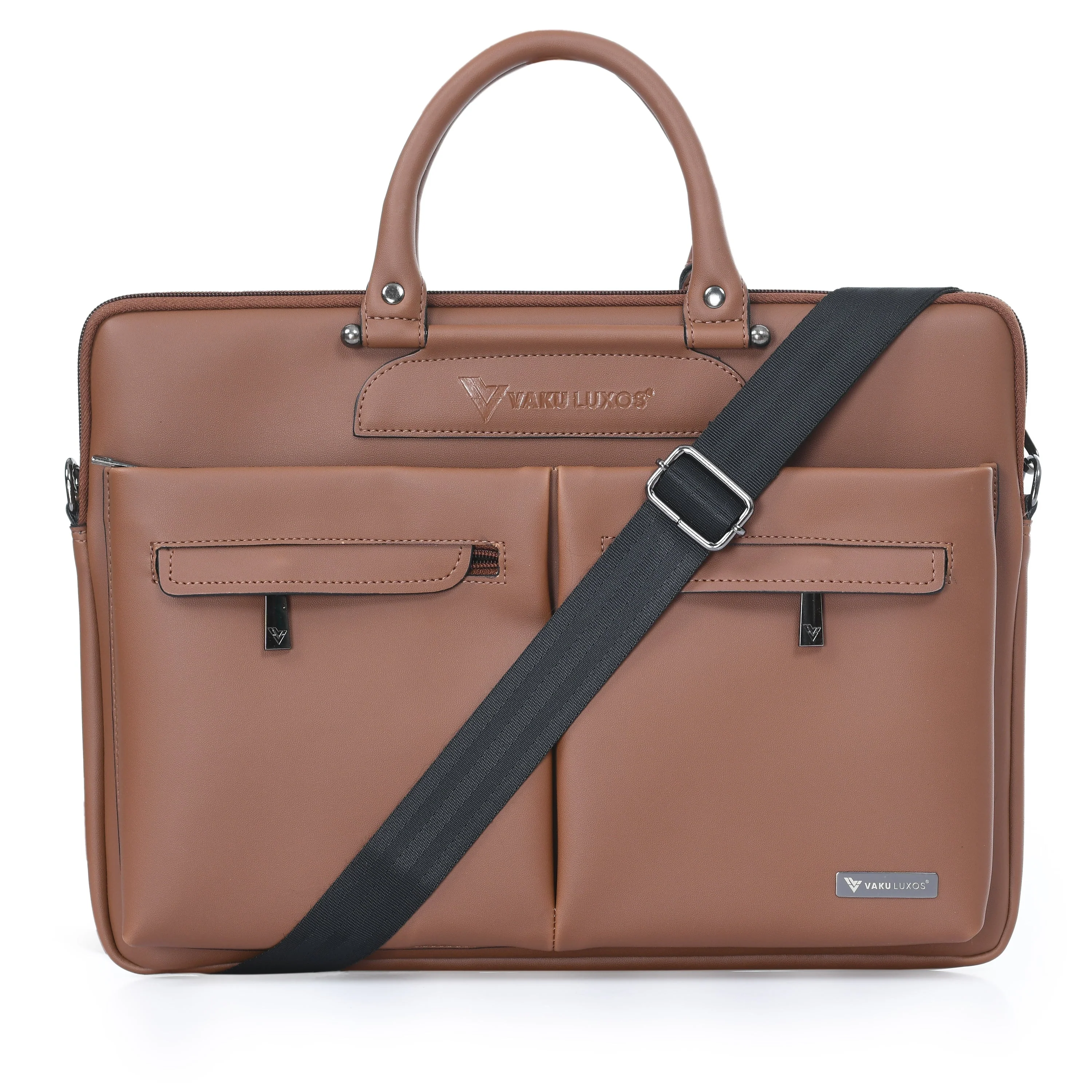 Vaku Luxos® MARCELLA with 2 front Zippered Pockets Sleeve for Macbook 13"-14" with Strap highly durable - Tan Brown(8905129026196) - Image 4